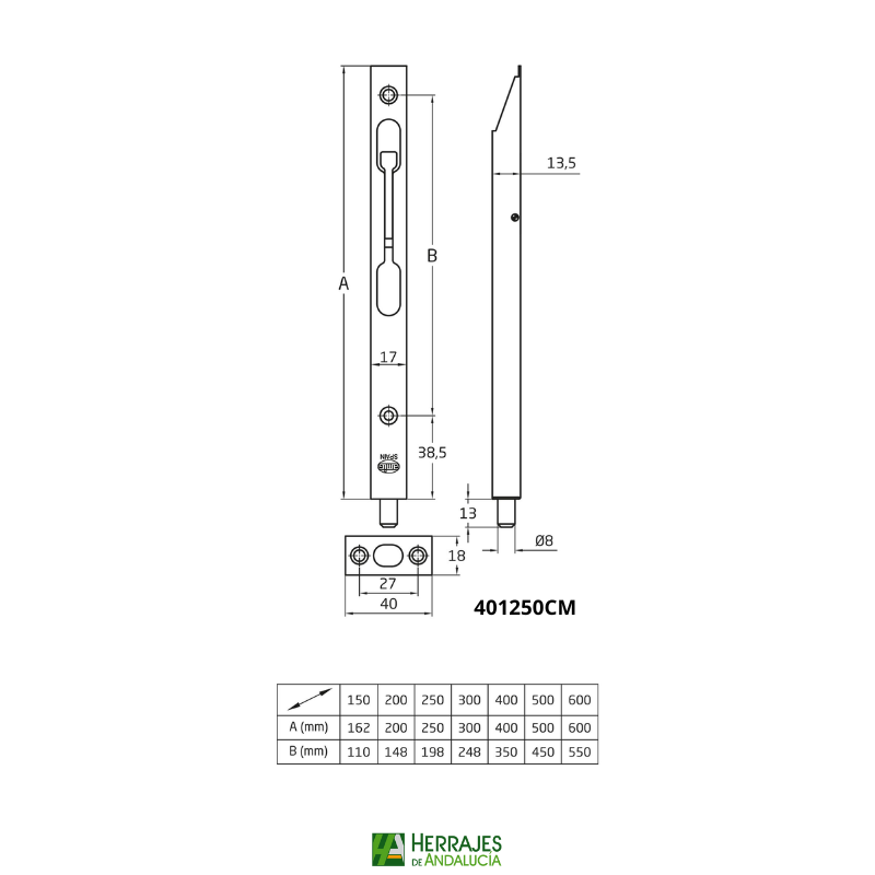 Medidas-Pasador embutir con palanca cromo mate 250mm-Herrajes de Andalucía