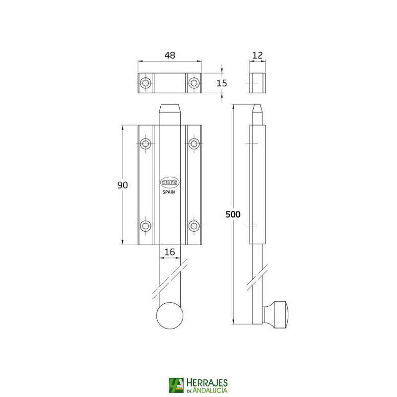 Medidas-Pasador sobreponer latón cromo mate 500mm-Herrajes de Andalucía