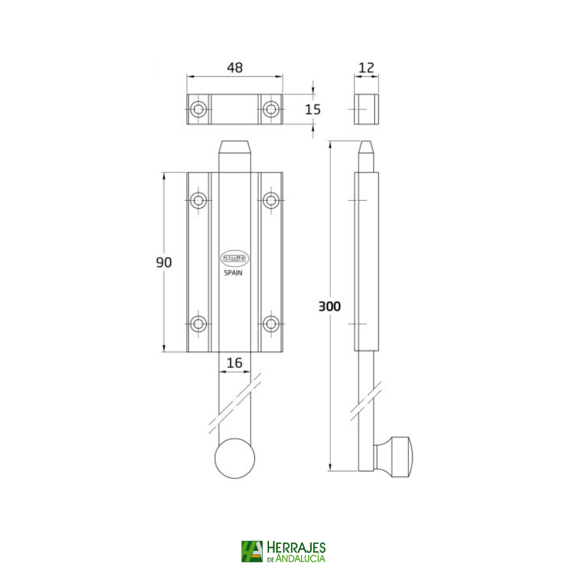 Medidas-Pasador sobreponer cromo mate 300mm Marca Amig-Herrajes de Andalucía