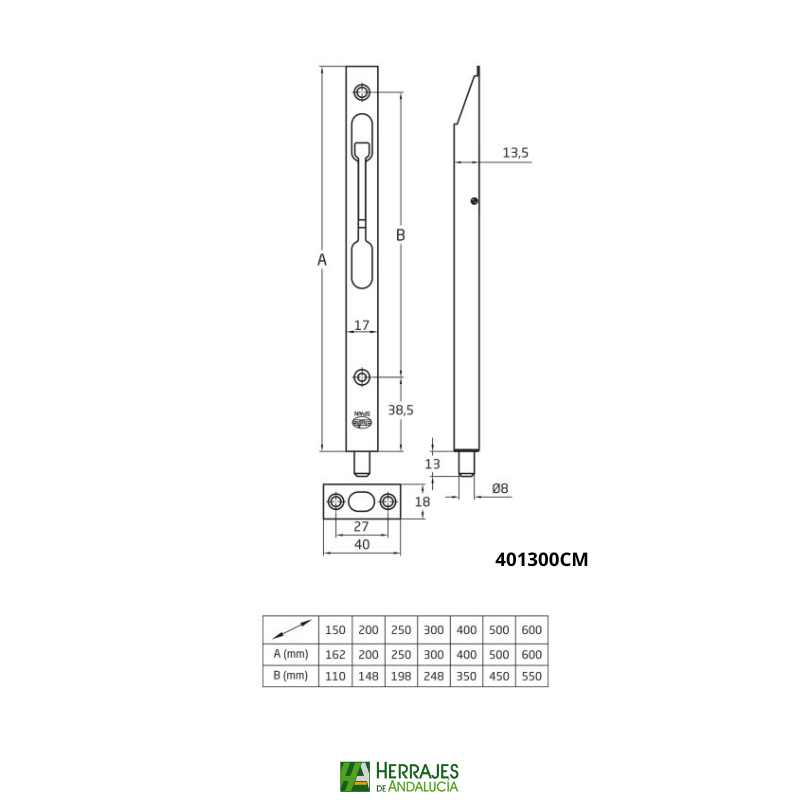 Medidas-Pasador embutir palanca cromo mate 300mm-Herrajes de Andalucía