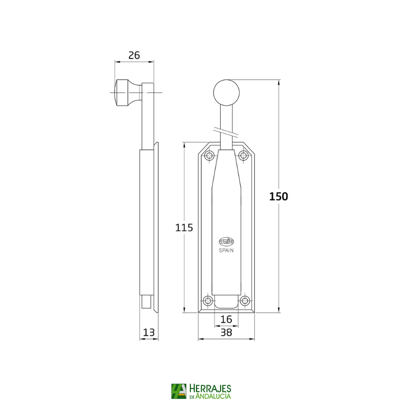 Medidas-Pasador sobreponer Mod.310 Zamak latonado 150mm-Herrajes de Andalucía